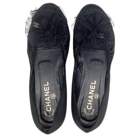 Chanel VTG Women’s Ballet Flats Size EU 39 Black Satin with Mesh Flowers - Picture 1 of 4